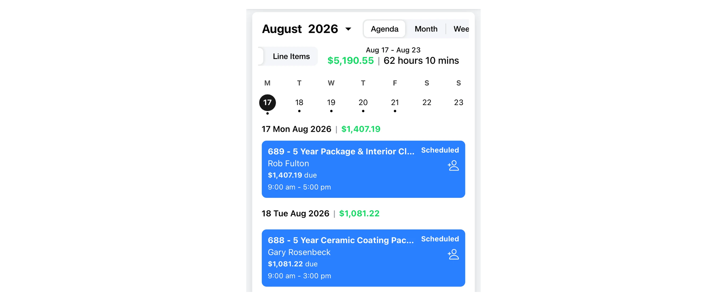 Shop calendar: $5,190.55 booked in one week across ceramic coating packages